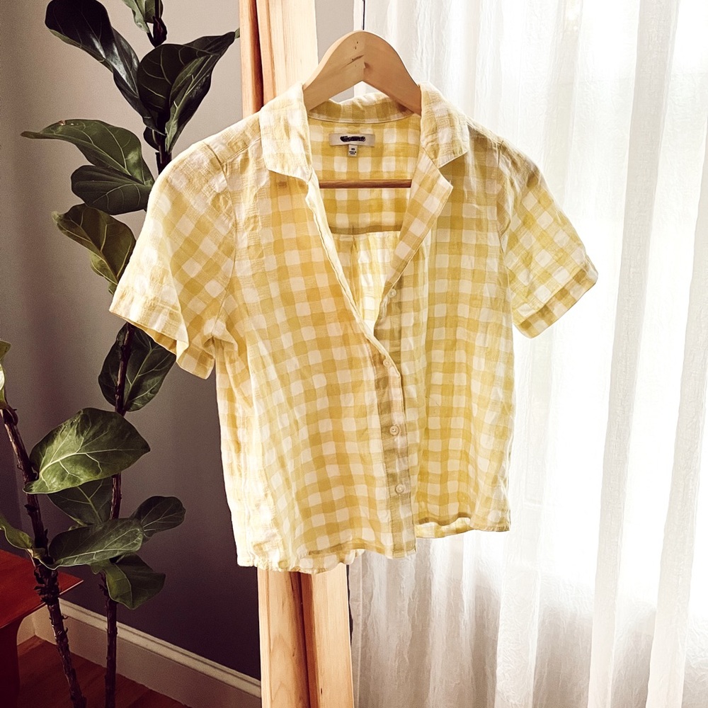 Madewell Check Checkerboard Gingham Yellow And Cream Button Down Short Sleeve